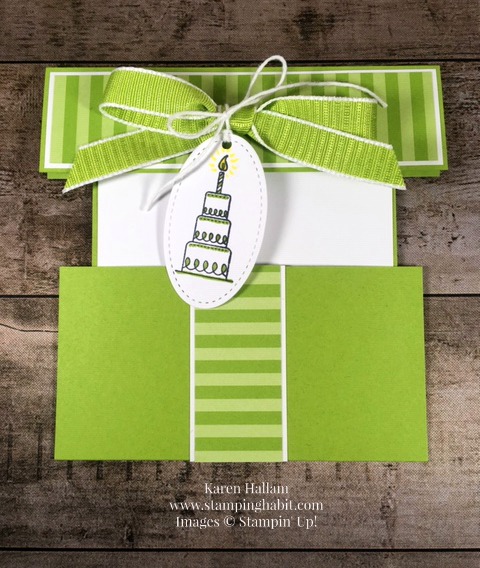 gift card holder, birthday gift idea, amazing life stamp set, wrapped gift box for gift card, stampin up designer series paper, granny apple green ribbon, karen hallam, stampinup