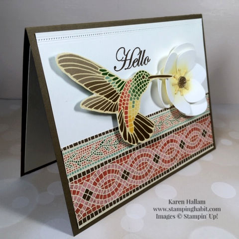 mosaic mood specialty dsp, magnolia memory dies, good morning magnolia stamp set, hummingbird, Hello card idea, Stampin' Up, Karen Hallam, stampinup