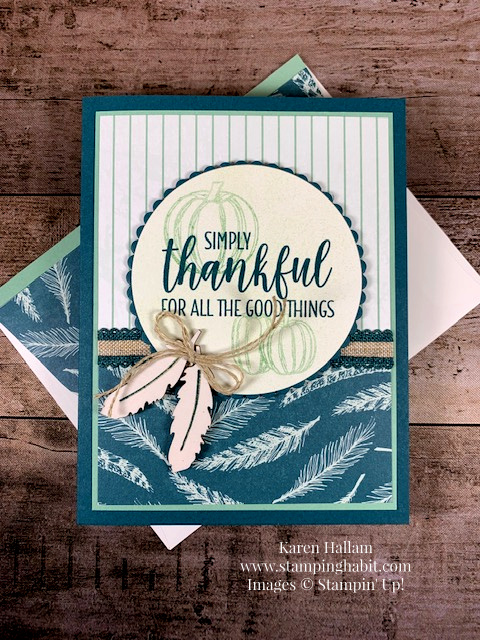 Gather Together Stamp Set, Come To Gather DSP, Tags & Feathers Elements, Country Home Stamp Set, Pretty Peacock 1/2" Scallooed Linen Ribbon, Thanksgiving card idea, Stampin Up, Karen Hallam, stampinup