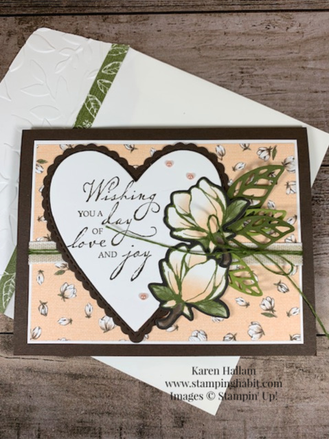 Magnolia Lane DSP, Woven Heirlooms Stamp Set, Magnolia Lane Ribbon Combo Pack, Stitched Be Mine Dies, Magnolia Memory Dies, Layered Leaves 3D embossing folder, Pals Blog Hop Card, special occasions card idea, Stampin Up, Karen Hallam, stampinup