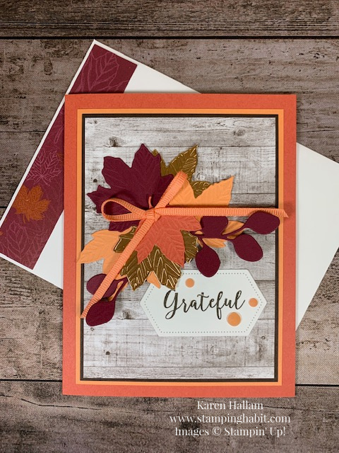 Gathered Leaves Dies, Stitched Nested Dies, Come To Gather DSP, Seasonal Wreaths, Autumn card idea, grateful card idea, Stampin Up, Karen Hallam, stampinup