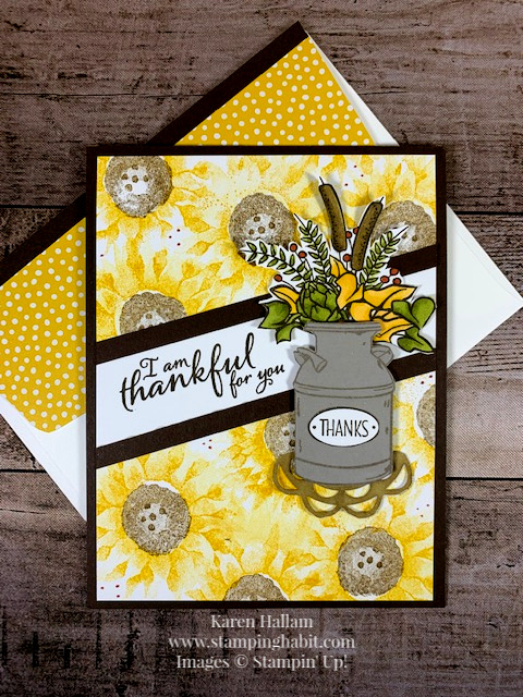 Country Home, Painted Harvest, thankful card idea, fall flowers in a milk can, Stampin Up, Karen Hallam, stampinup