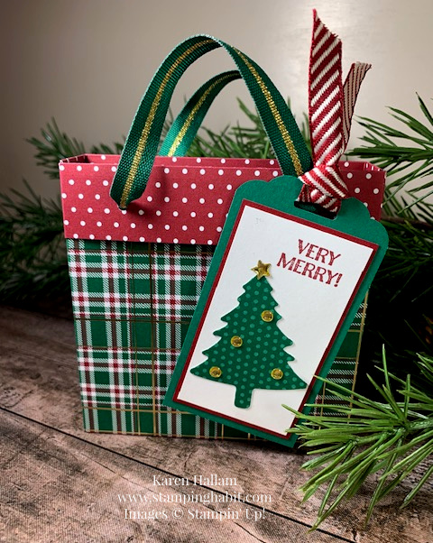 wrapped in plaid dsp, pine tree punch, scalloped tag topper punch, christmas gift bag idea, christmas gift tag idea, stampin up, karen hallam, stampinup