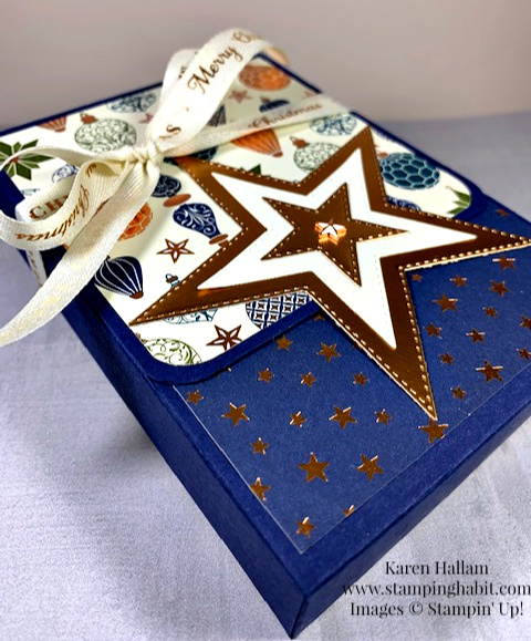 brightly gleaming dsp, stitched stars dies, 3-D note card box idea, christmas note card set idea, stampin up, karen hallam, stampinup