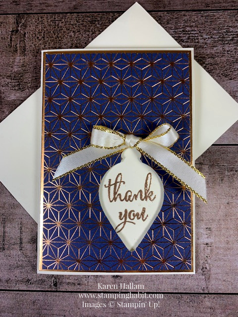 brightly gleaming dsp, gleaming ornaments punch, very vanilla notecard & envelope, share what you love, heat embossing, copper embossing, holiday thank you card idea, stampin up, karen hallam, stampinup