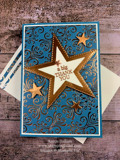 brightly gleaming dsp, stitched stars dies, thank you note card idea, stampin up, karen hallam, stampinup