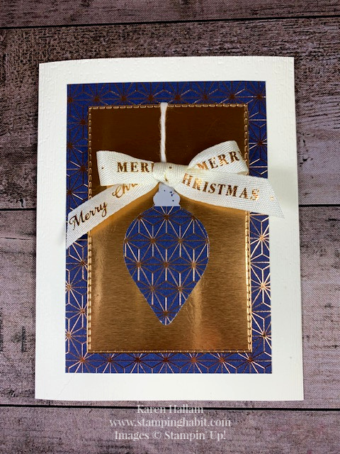 brightly gleaming dsp, copper foil, stitched rectangle dies, gleaming ornament punch, classic weave ribbon, christmas card idea, stampin up, karen hallam, stampinup