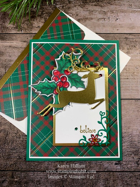 christmas gleaming stamp set, itty bitty christmas stamp set, detailed deer dies, wrapped in plaid dsp, christmas card idea, coloring with blends, reindeer card idea, stampin up, karen hallam, stampinup