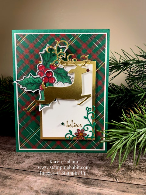 christmas gleaming stamp set, itty bitty christmas stamp set, detailed deer dies, wrapped in plaid dsp, christmas card idea, coloring with blends, reindeer card idea, stampin up, karen hallam, stampinup