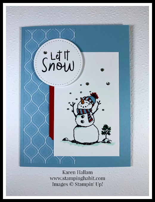 Snowman Season, Subtles 6 x 6 DSP, Stitched Shapes Dies, Stampin' Blends, Christmas/Holiday card idea, Stampin Up, Karen Hallam, stampinup