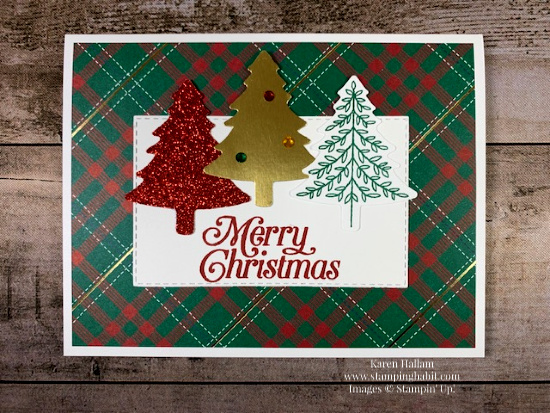 Perfectly Plaid Bundle, Wrapped in Plaid DSP, Pine Tree Punch, Christmas/Holiday card idea, Stampin Up, Karen Hallam, stampinup