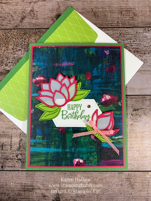 lily impressions dsp, lovely lily pad, lily pad dies, peaceful moments, stitched nested labels dies, birthday card idea, stampin up, karen hallam, stampinup
