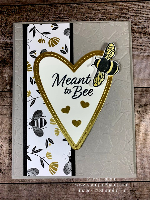 meant to be, stitched be mine dies, golden honey specialty designer series paper, stone embossing folder, non-traditional valentine card idea, stampin up, karen hallam, stampinup