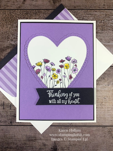 peaceful moments, painted poppies, stitched be mine dies, heat embossing, thinking of you card idea, valentine idea, floral, stampin up, karen hallam, karen's stamping habit, stampinup