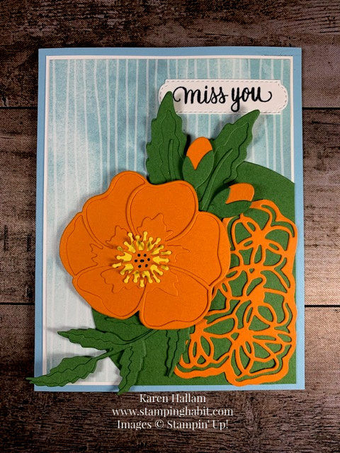 poppy moments dies, painted labels dies, peaceful poppies dsp, enjoy life, miss you card idea, stampin up, karen hallam, stampinup