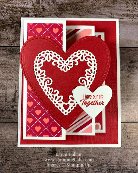 from my heart specialty dsp, meant to be, stitched be mine dies, valentine card idea, fun fold valentine, stampin up, karen hallam, stampinup