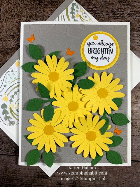 full of happiness, medium daisy punch, leaf punch, circle punches, butterfly beauty dies, stone embossing folder, cheerful card idea, daisy card, stampin up, karen hallam, stampinup