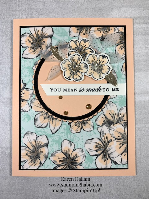 forever blossoms bundle, parisian blossoms dsp, layering circles dies, leaf punch, coloring with blends, handmade card idea, stampin up, karen hallam