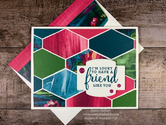 love what you do, lily impressions dsp, tailored tag punch, stitched so sweetly dies, friend card idea, stampin up, karen Hallam, stampinup
