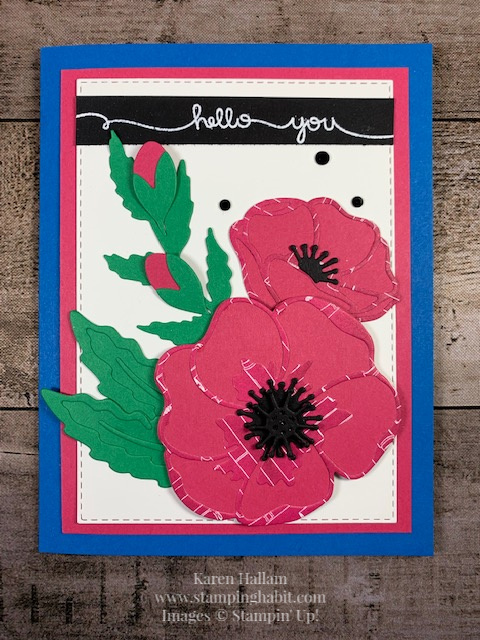 poppy moments dies, best dressed dsp, heat embossing, thinking of you card idea, hello card idea, all occasion card idea, stampin up, karen hallam, stampinup