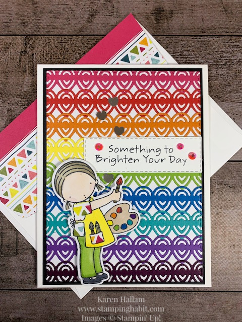lily pad dies, coloring with blends, dinoroar dsp, a rainbow card idea, stampin up, my favorite things, karen hallam