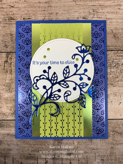 noble peacock specialty dsp, noble peacock foil sheets, flourish dies, daisy lane stamp set, congratulations card idea, stampin up, karen hallam, stampinup