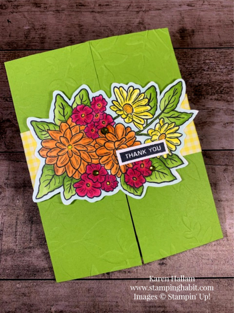 ornate style stamp set, layering leaves 3D embossing folder gate fold card idea, belly band idea, coloring with Blends, stampin up, karen hallam, stampinup