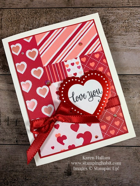 from my heart dsp, enjoy life stamp set, patchwork card, valentine card idea, sweetheart card idea, stampin up, karen hallam