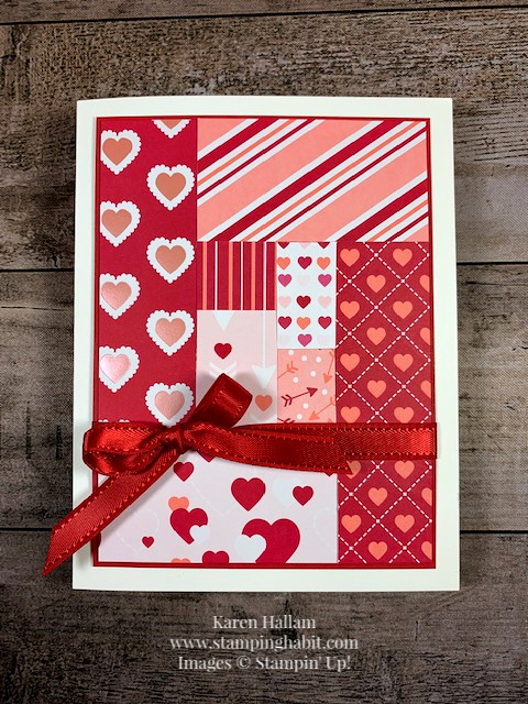 from my heart dsp, enjoy life stamp set, patchwork card, valentine card idea, sweetheart card idea, stampin up, karen hallam