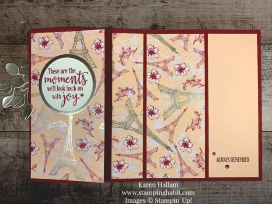parisian blossoms specialty dsp, peaceful moments stamp set, in the woods dies, fun fold card idea, stampin up, karen hallam