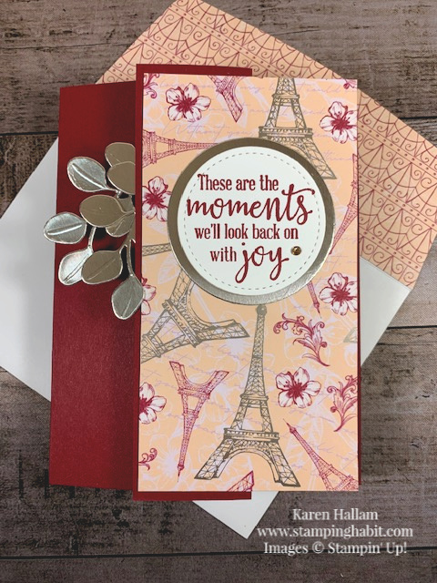 parisian blossoms specialty dsp, peaceful moments stamp set, in the woods dies, fun fold card idea, stampin up, karen hallam