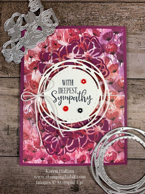 peaceful poppies dsp, poppy moments dies, painted labels dies, sympathy card idea, stampin up, karen hallam
