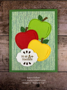 harvest hellos stamp set, apple builder punch, teacher gift card idea, stampin up, karen hallam