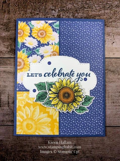 celebrate sunflowers bundle, flowers for every season dsp, stitched so sweetly dies, birthday card idea, stampin up, karen hallam