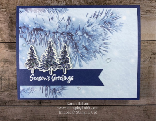 in the pines bundle, feels like frost dsp, fab fri 197, holiday card idea, stampin up, karen hallam