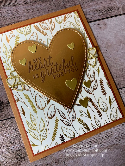 beautiful autumn, stitched be mine dies, copper and gold foil sheets, gilded autumn dsp, fall card idea, stampin up, karen hallam