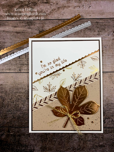 love of leaves bundle, stitched be mine dies, copper foil, heat embossing, autumn card idea, stampin up, karen hallam