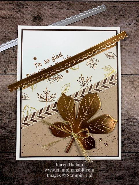 love of leaves bundle, stitched be mine dies, copper foil, heat embossing, autumn card idea, stampin up, karen hallam