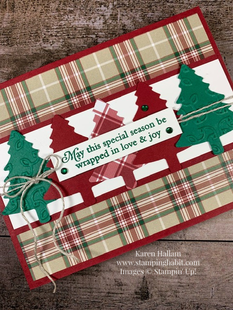 perfectly plaid stamp set, pine tree punch, plaid tidings dsp, Christmas/holiday card idea, stampin up, karen hallam