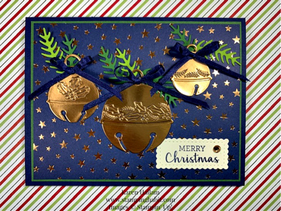 sounds of the season dies, brightly gleaming dsp, arrange a wreath stamp set, christmas card idea, stampin up, karen hallam