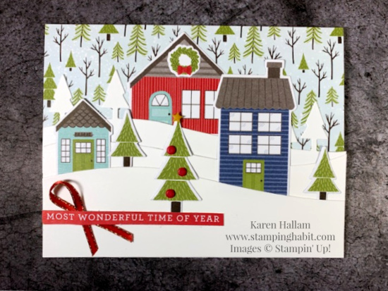 trimming the town dsp, home together dies, all the trimmings ribbon, winter holiday card idea, stampin up, karen hallam
