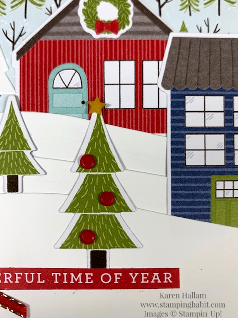 trimming the town dsp, home together dies, all the trimmings ribbon, winter holiday card idea, stampin up, karen hallam