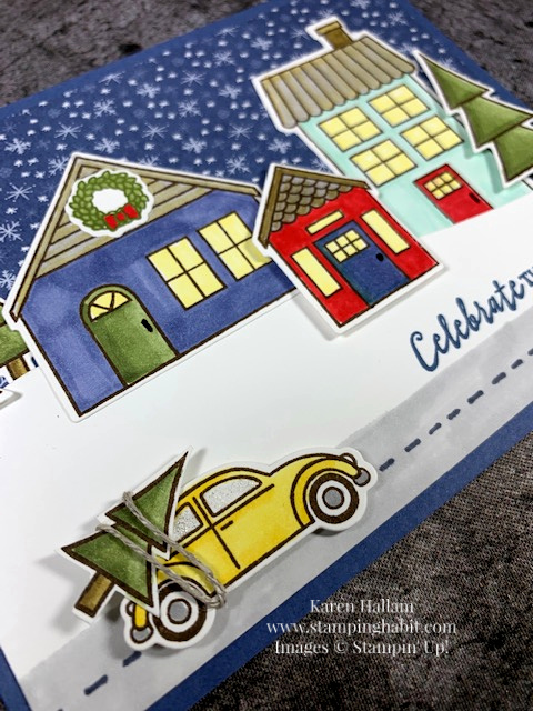 coming home bundle, trimming the town dsp, coloring with stampin blends, christmas/holiday card idea, stampin up, karen hallam