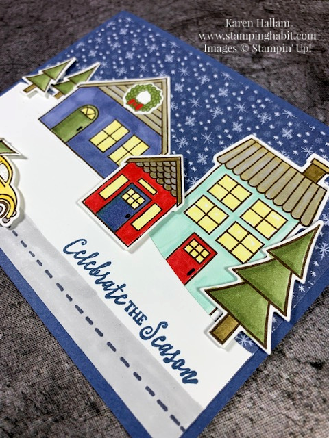 coming home bundle, trimming the town dsp, coloring with stampin blends, christmas/holiday card idea, stampin up, karen hallam