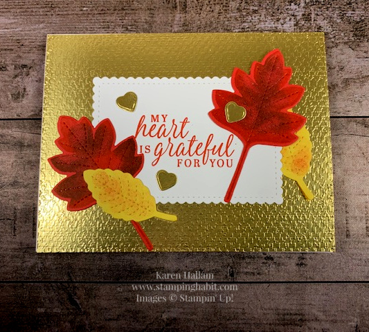beautiful autumn, love of leaves, stitched so sweetly dies, stitched leaves dies, tasteful textile 3d embossing folder, fall card idea, grateful for you card idea, stampin up, karen hallam
