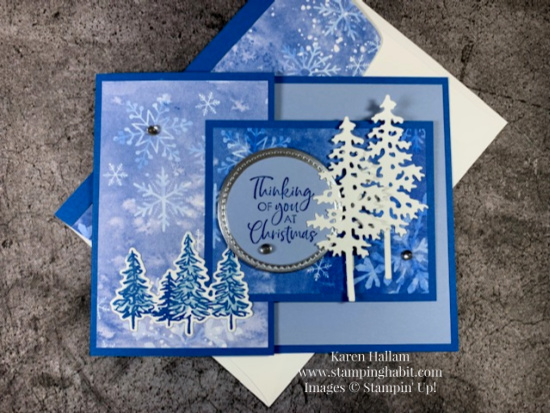 snowflake splendor dsp, itty bitty christmas stamp set, in the pines bundle, fun fold card idea, stampin up, karen hallam