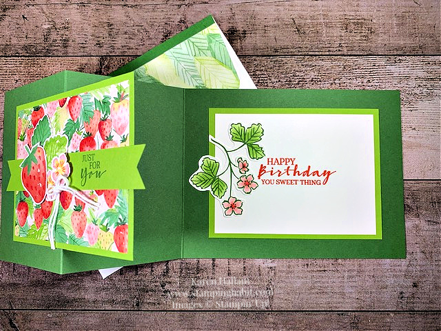 sweet strawberry stamp set, berry blessings bundle, coloring with blends markers, birthday card idea, z-fold card, stampin up, karen hallam