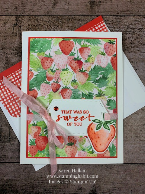 sweet strawberry bundle, stitched nested labels dies, free sale-a-bration dsp, coloring ribbon with blends markers, thank you card idea, stampin up, karen hallam