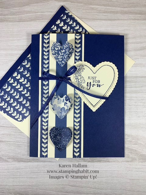 meant to be bundle, boho indigo product medley refill, playing with patterns ribbon combo, sweet strawberry stamp set, valentine keepsakes stamp set, valentine card idea, CASEing coast to coast, stampin up, karen hallam