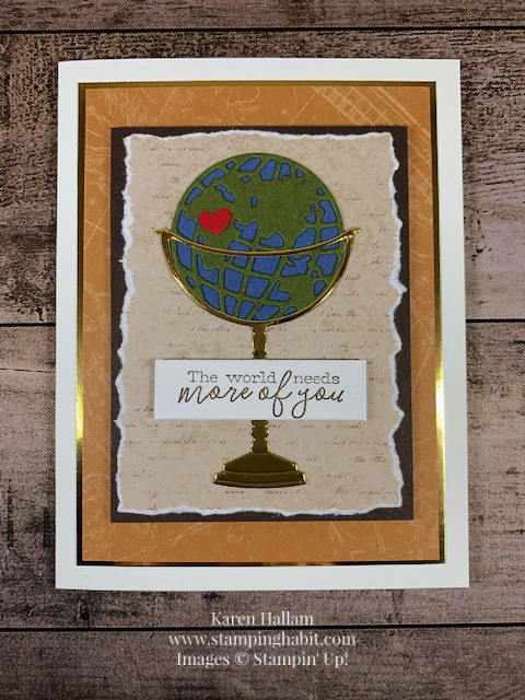 world map dies, world of good dsp, free as a bird stamp set, thank you card idea, stampin up, karen hallam